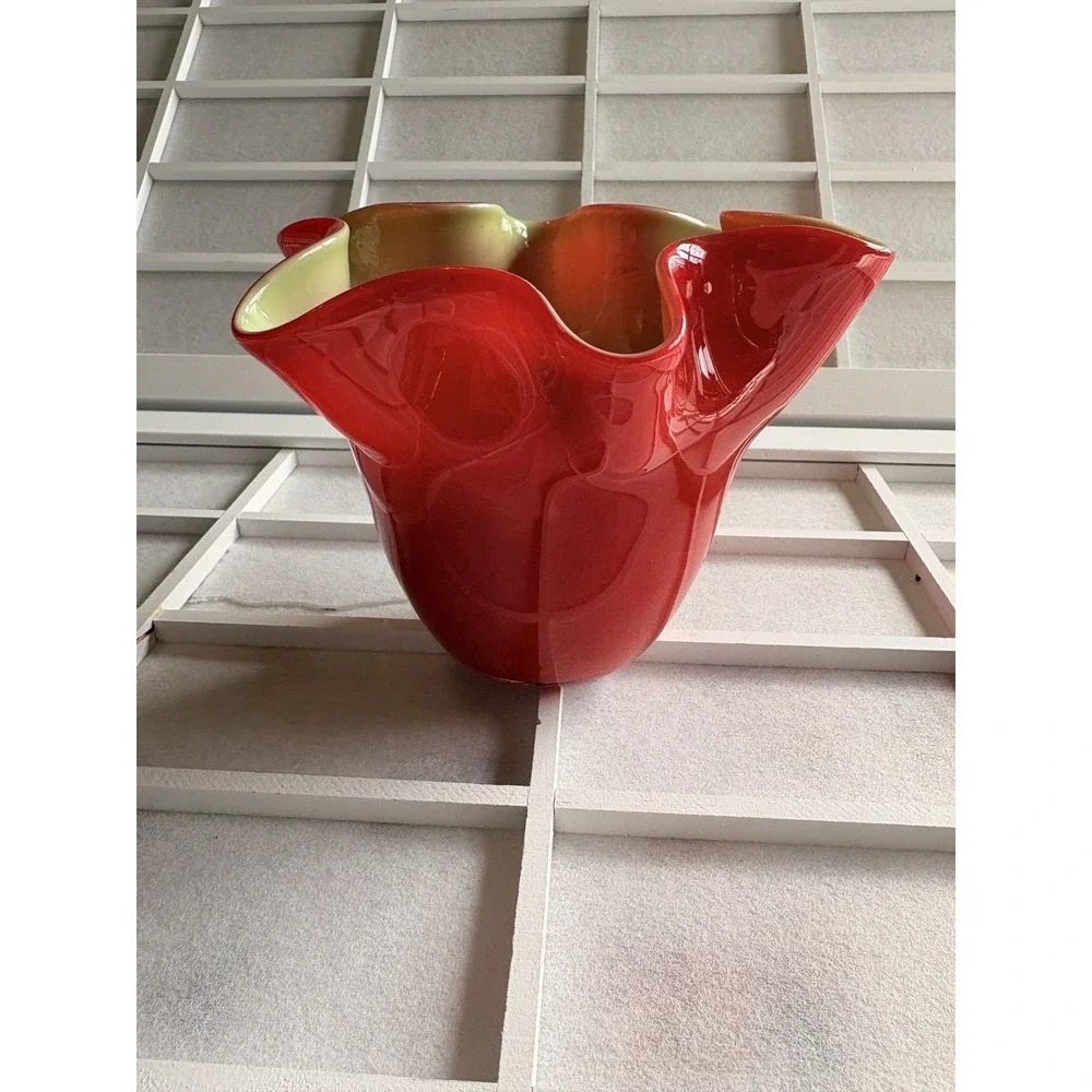 60s Murano Glass Handkerchief Red Green Ruffle Vase MCM Retro Vintage Handblown